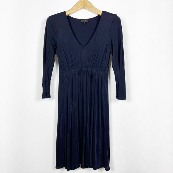 EUC Aritzia Babaton Navy‎ Blue Long Sleeve Dress V-Neck Size Large Ruching Front - Picture 2 of 13